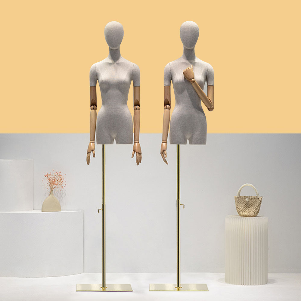 Adjustable Female Half-Body Mannequin with Linen Cover and Wooden Arms for Clothing Display