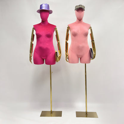 Jelimate Luxury Female Plus Size Mannequin With Gold Arms,Colorful Suede Dress Form Mannequin Torso Display Dress Form,Plus Size Dress Form Clothing Display Model