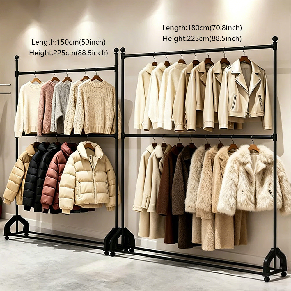 72.8" Double Rod Clothing Rack with Wheels | Heavy Duty Iron Garment Rack | JELIMATE