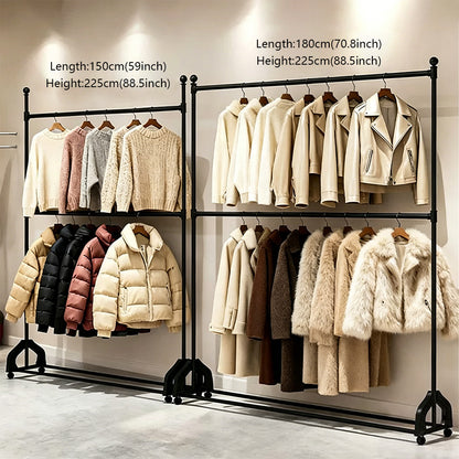 72.8" Double Rod Clothing Rack with Wheels | Heavy Duty Iron Garment Rack | JELIMATE
