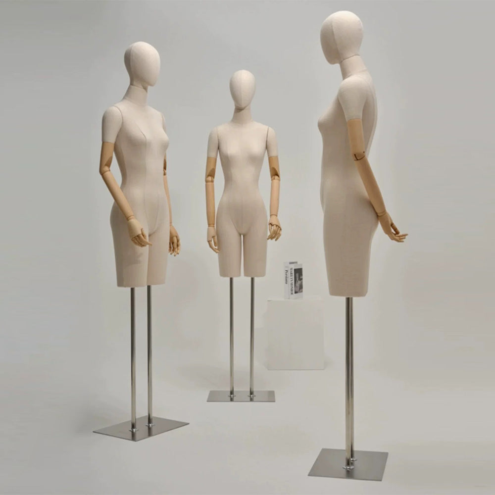 Jelimate Half Body Female Mannequin Torso With Base,Grey Linen Dress Form Manikin Body With Wooden Arms,Window Display Dress Form for Gowns,Clothing Display Model Wedding Evening Dress Mannequin
