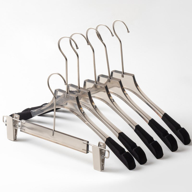 Jelimate Fashion Transparent Grey Acrylic Pant Clothing Hanger Special Clothing Store Velvet Shoulder Adult Clothes Display Hanger Crystal Clear Garment Hanger Simple Wedding Dress Hanger Clothing Display Rack