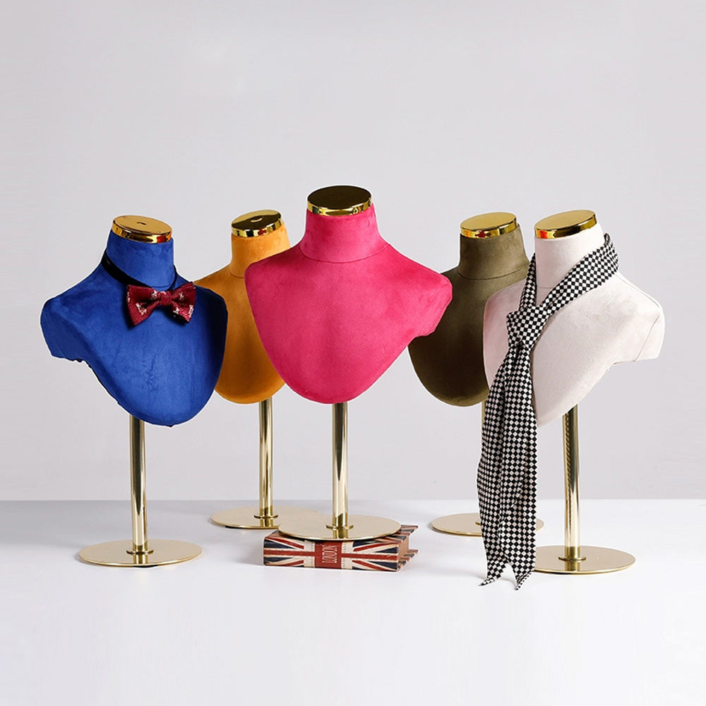Jelimate Velvet Mannequin Bust for Jewelry Display | Necklace Stand with Gold Round Base | 5 Colors