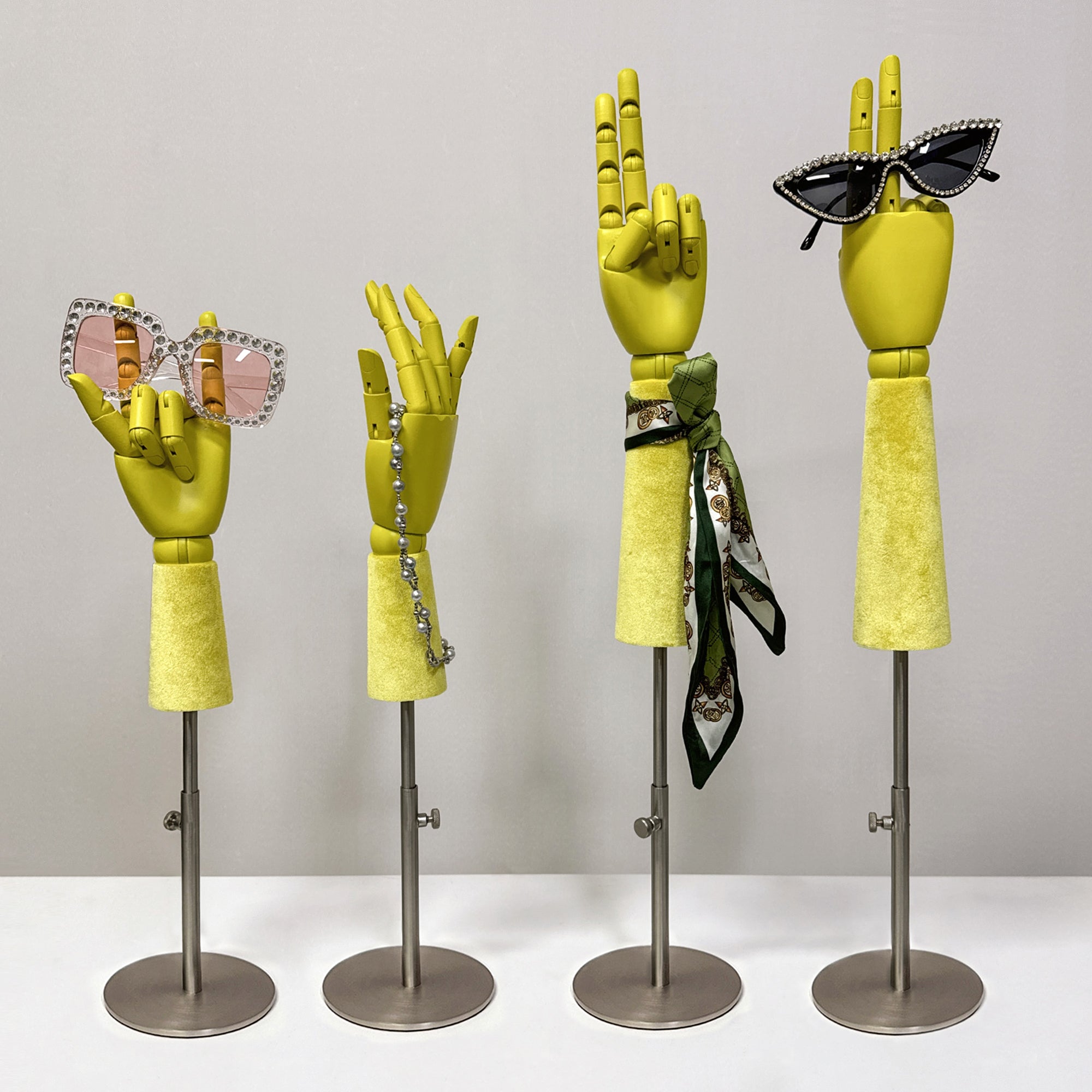 Jelimate Luxury Female Left Right Wooden Mannequin Hand With Silver Base,Colorful Velvet Mannequin Hand Display Model Props,Sunglasses Scarf Jewelry Display Hand