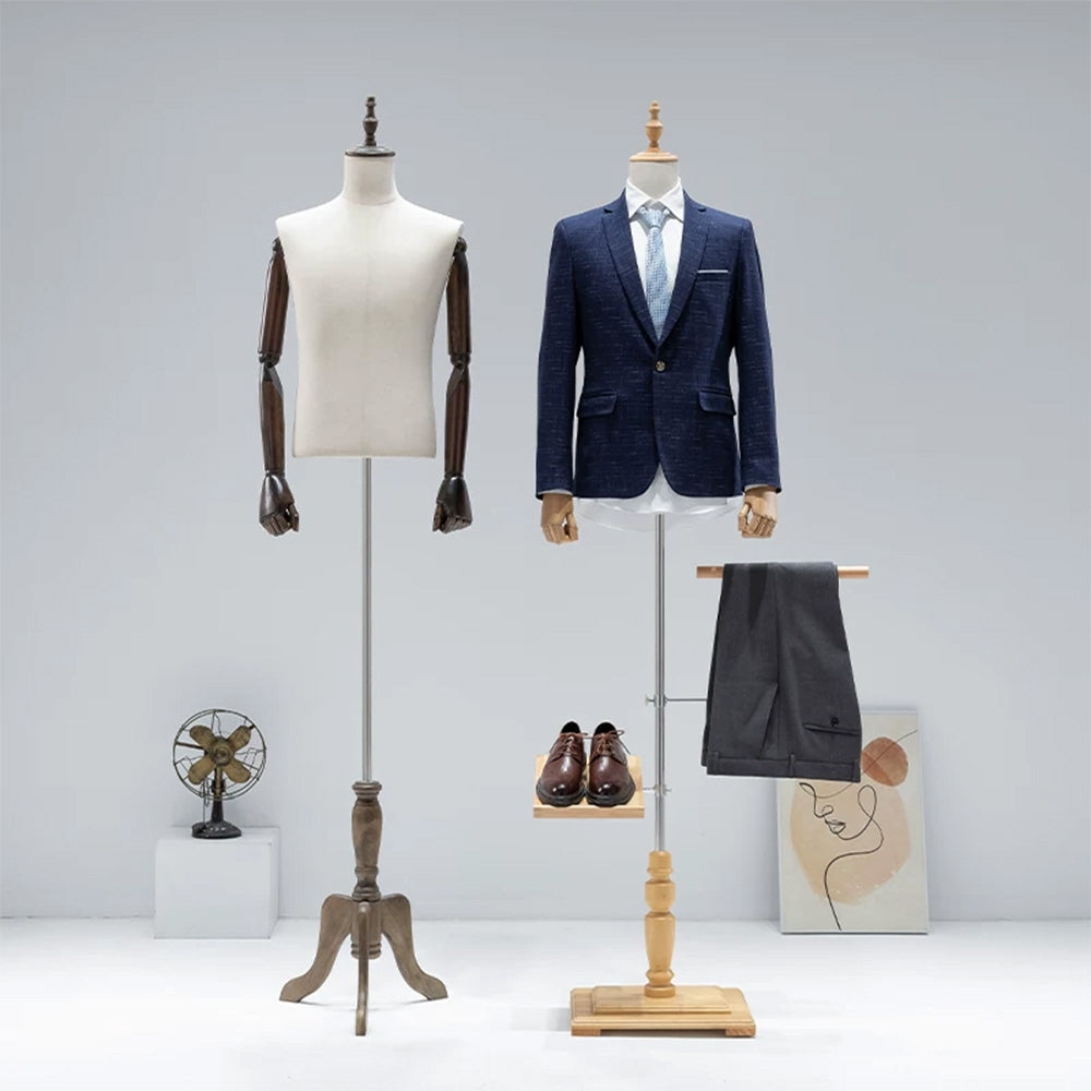 JELIMATE Male Mannequin Torso with Articulated Wooden Arms & Full Suit Display Stand