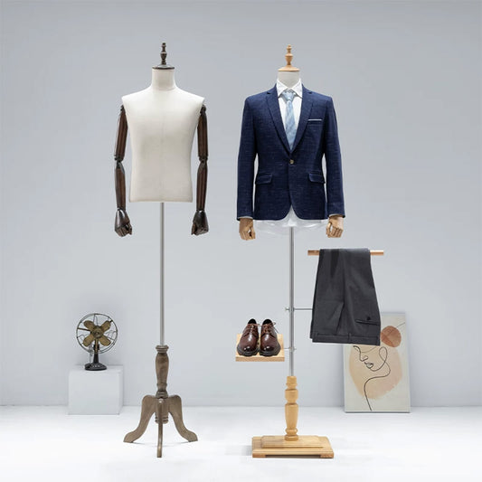 JELIMATE Male Mannequin Torso with Articulated Wooden Arms & Full Suit Display Stand