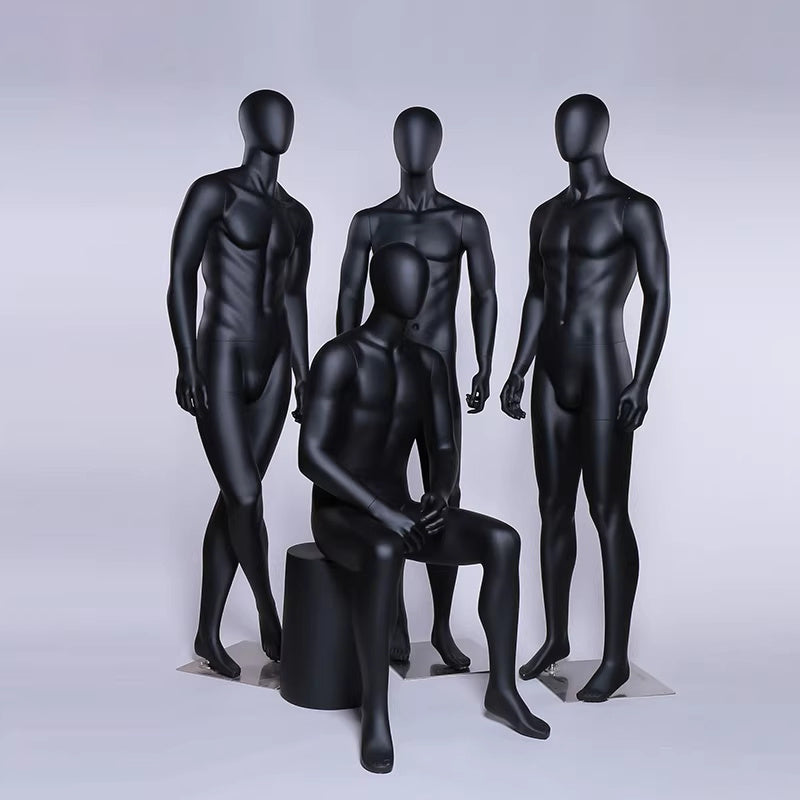 Matte white abstract male mannequin full body standing and sitting poses athletic build