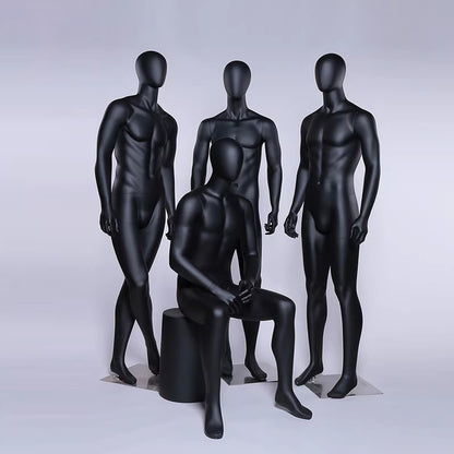 Matte white abstract male mannequin full body standing and sitting poses athletic build