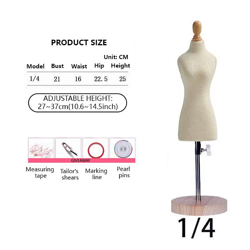 Female Half Scale Dress Form Fully Pinnable - 1/2, 1/3, 1/4