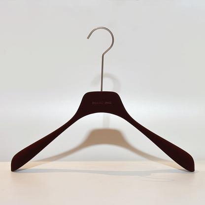 Custom Logo Velvet Clothes Hanger - Dark Brown Non-Slip Design with Long Round Hook | JELIMATE