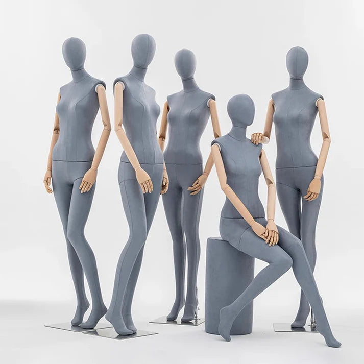 JELIMATE Luxury Grey Suede Female Full Body Mannequin | Adjustable Wooden Arms