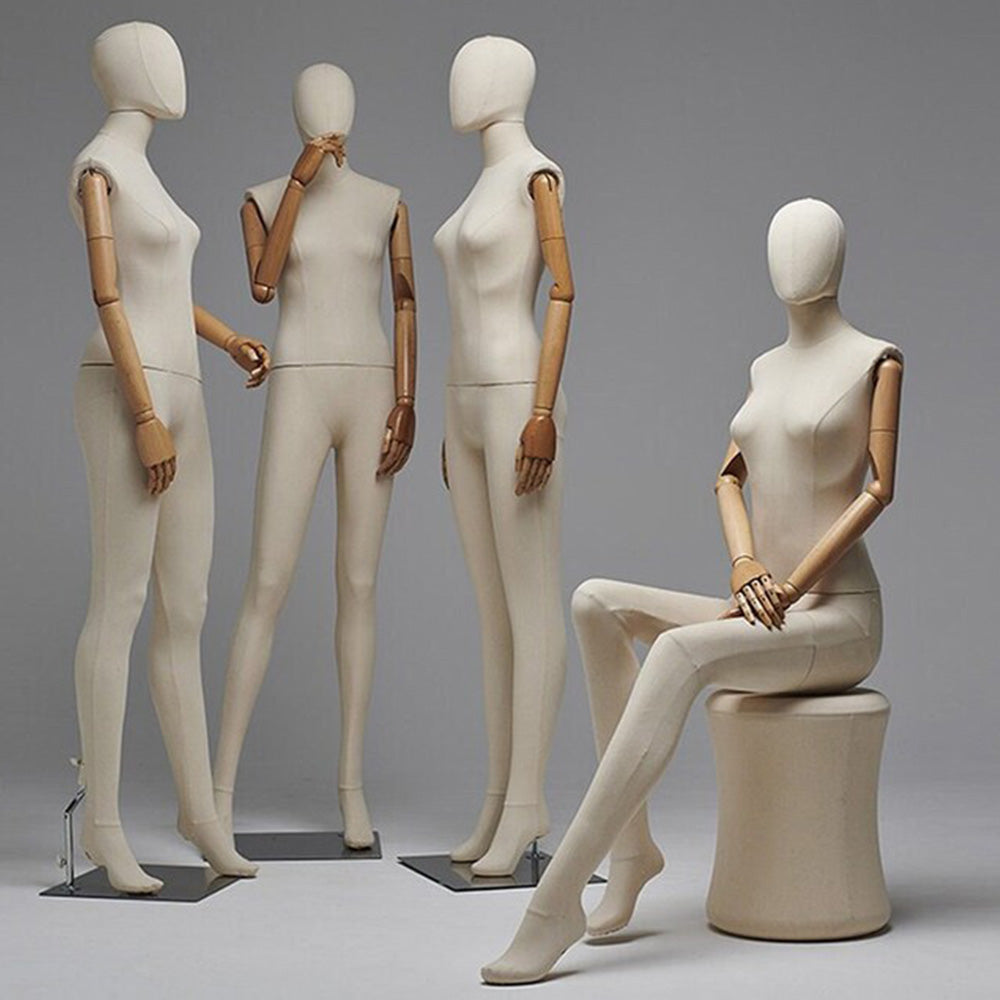 Jelimate Realistic Male and Female Full Body Mannequin,Linen Fabric Beige Mannequin Torso With Wooden Arms,Women and Men Full Body Display Mannequin Dress Form,Clothing Shop Clothes Display Model JMFF02
