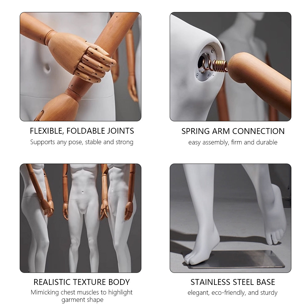 JELIMATE Full Body Flexible Model Male – White Dress Form with Wooden Arms for Fashion Display