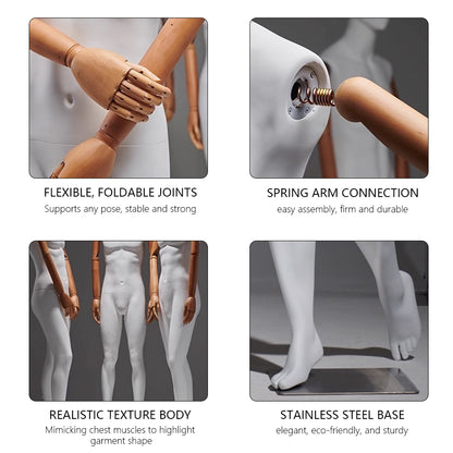 JELIMATE Full Body Flexible Model Male – White Dress Form with Wooden Arms for Fashion Display