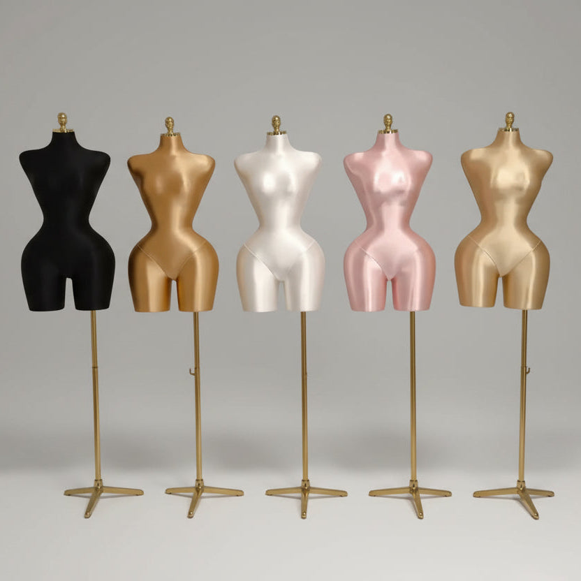 JELIMATE Plus Size Female Mannequin Torso - Fully Pinnable Satin Curvy Dress Form with Gold Base