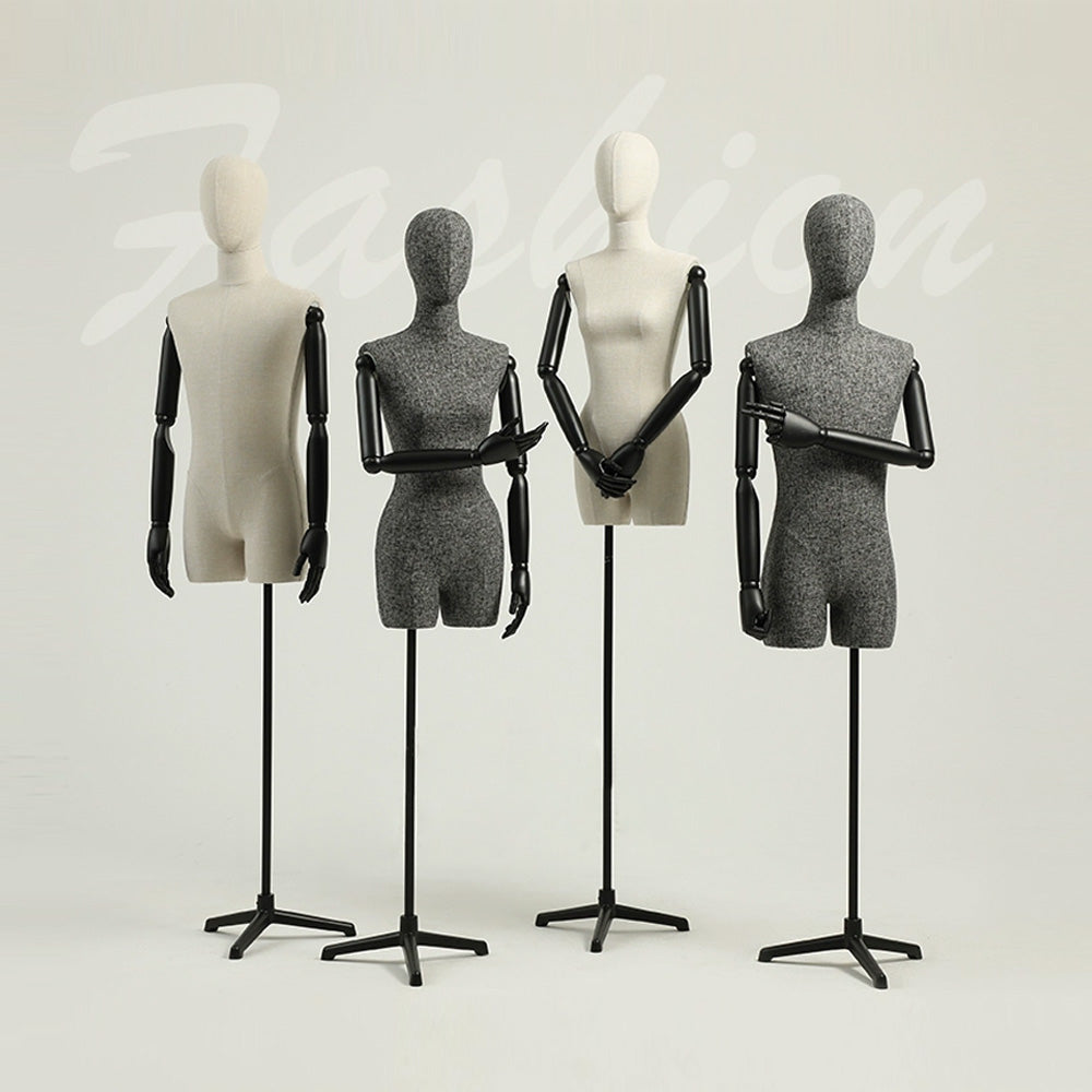 JELIMATE Half Body Male Female Dress Form Torso,Natural Linen Fabric Covered Mannequin,Women Men Clothing Display Mannequin Torso With Wooden Arms
