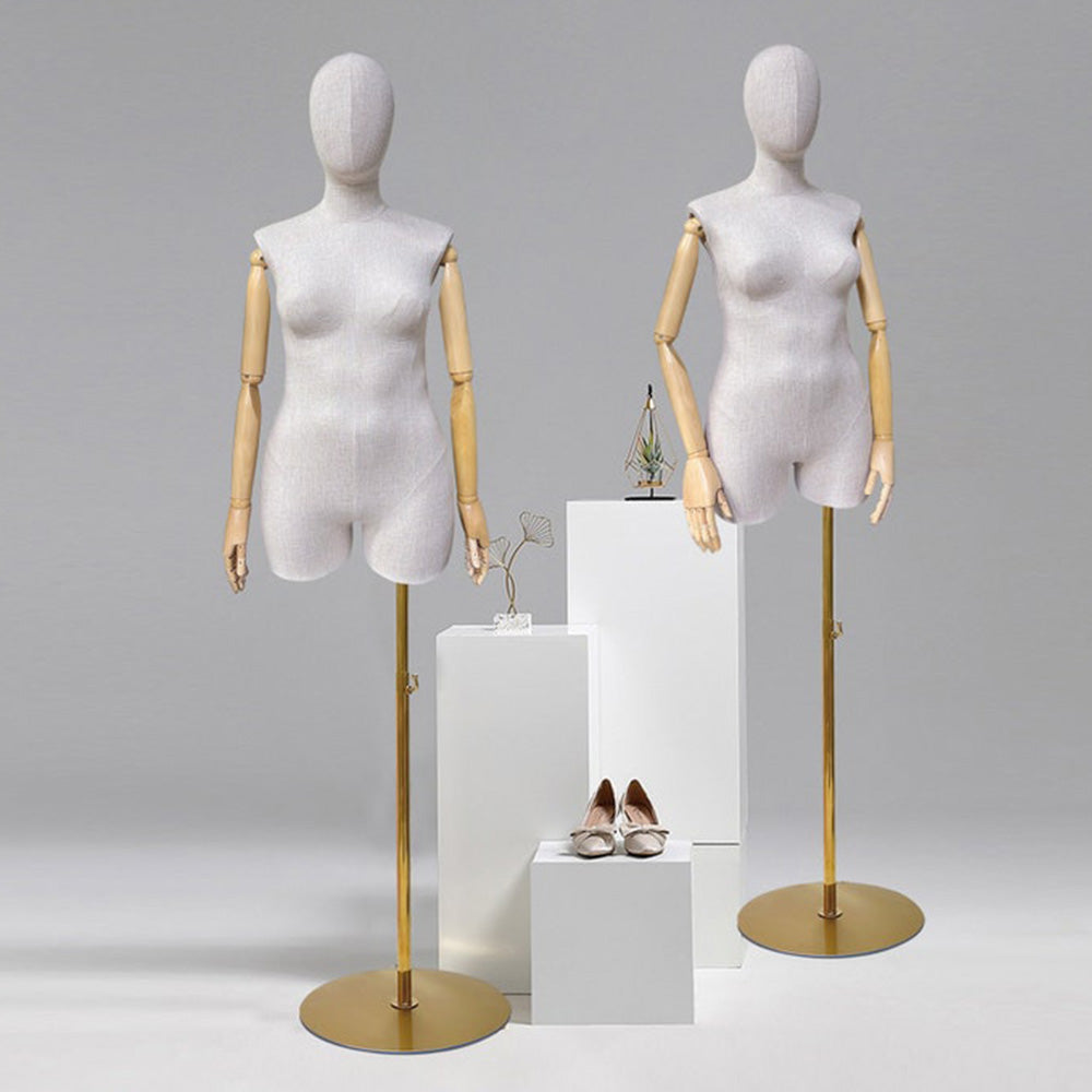 Jelimate Female Plus Size Mannequin,Grey Linen Fabric Mannequin Torso,Half Body Female Mannequin Torso,Window Display Female Plus Size Model,Clothing Store Clothing Display Mannequin,Adult Props with Wooden Arms JM376