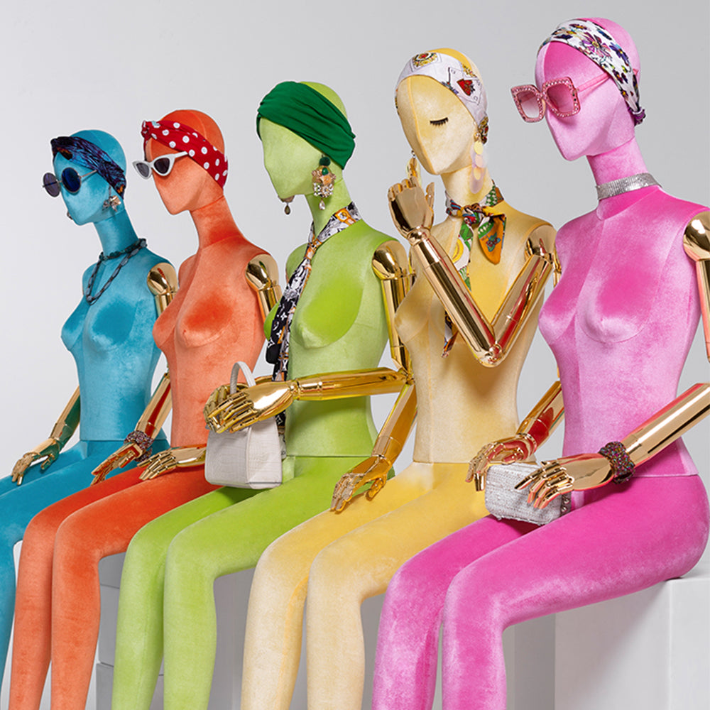 Jelimate Luxury Velvet Female Mannequin | Gold Plated Arms & Base | Standing & Sitting Pose