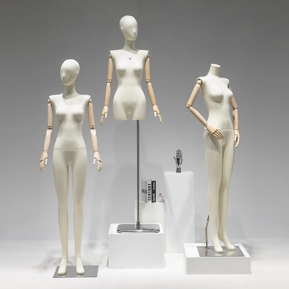 Jelimate Female Full Body Mannequin in Standing & Sitting Pose,Linen Fabric Beige Dress Form Mannequin,Female Body Mannequin With Wooden Arms,Window Display Female Full Body Model,Clothing Shop Clothing Display Mannequin Torso