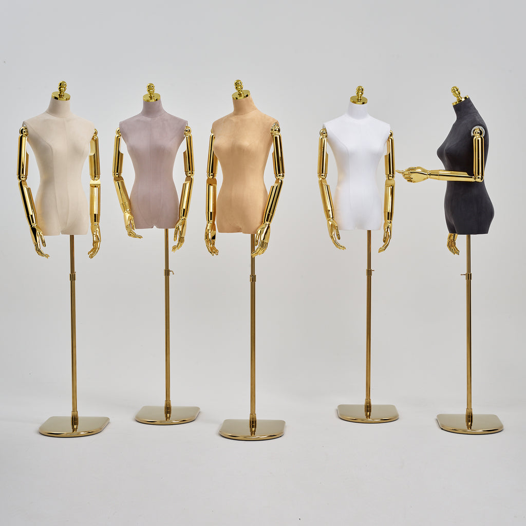 JELIMATE Luxury Female Velvet Mannequin Torso with Head & Gold Arms