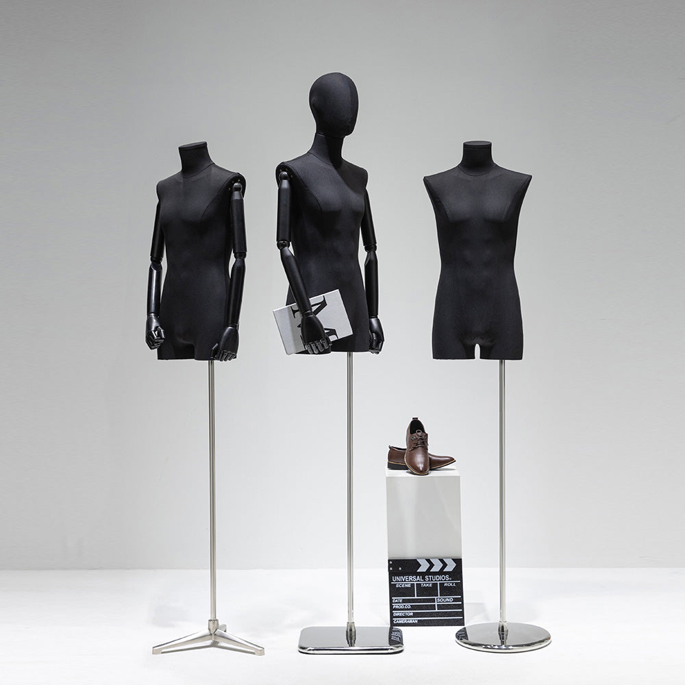 Maniquí masculino de medio cuerpo Jelimate de color negro con forma de torso, cabeza de maniquí envuelta en tela de lino, brazos de madera, modelo de exhibición de ropa con forma de torso para hombre