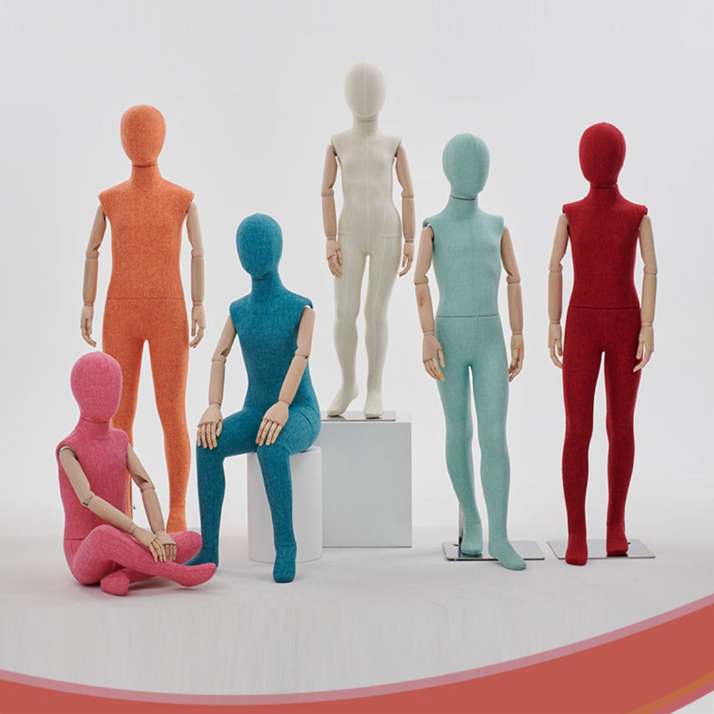 JELIMATE Kid Full Body Mannequin with Dajustable Wooden Arms | Linen-Wrapped Fiberglass Child Dress Form | 6 Poses & Colors