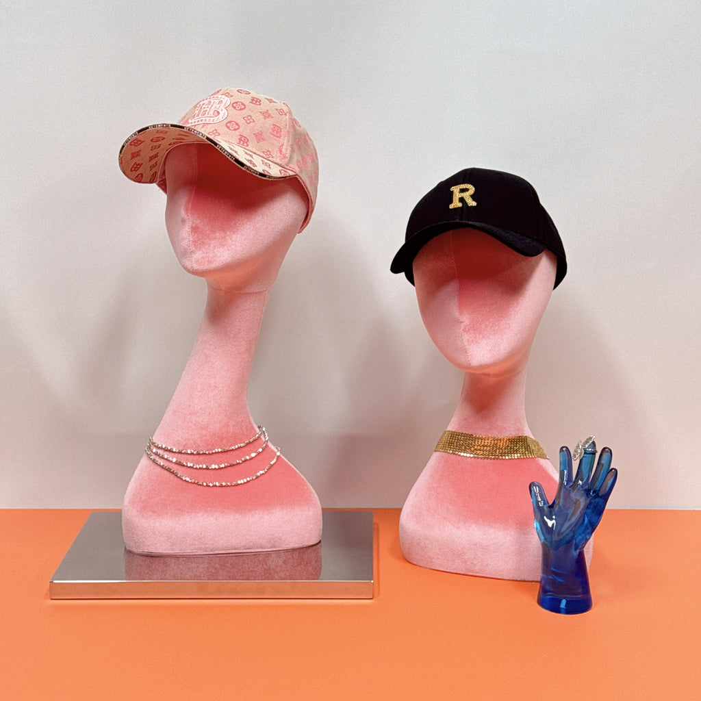 Jelimate Female Mannequin Head Dress Form Manikin,Long Neck Pink Velvet Mannequin Head for Wigs Jewelry Display Stand,Hat Display Head Mannequin Headphone Stand Sunglasses Display Holder