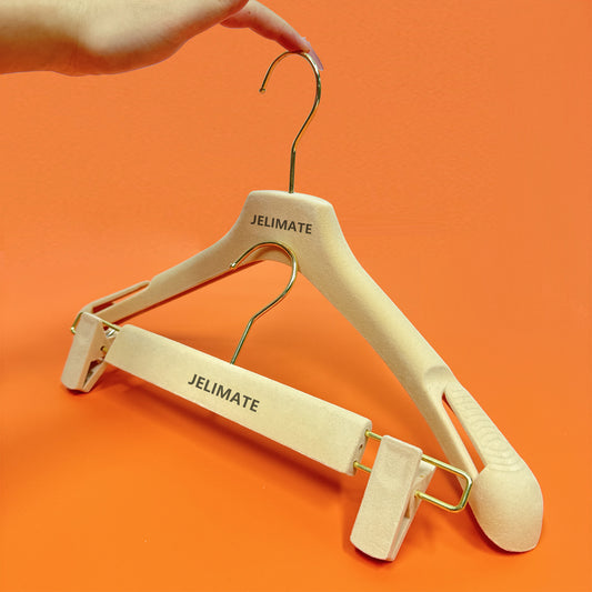 Jelimate Luxury Flocking Velvet Hanger,Beige Velvet Clothing Hanger/Pant Hanger,Hollow Shoulder Gold Hook Non Slip Flocking Plastic Hanger,Custom Logo Velvet Dress Hangers,Clothing Store Skirt Shirt Suit Hanger Space Saving Clothes Hangers