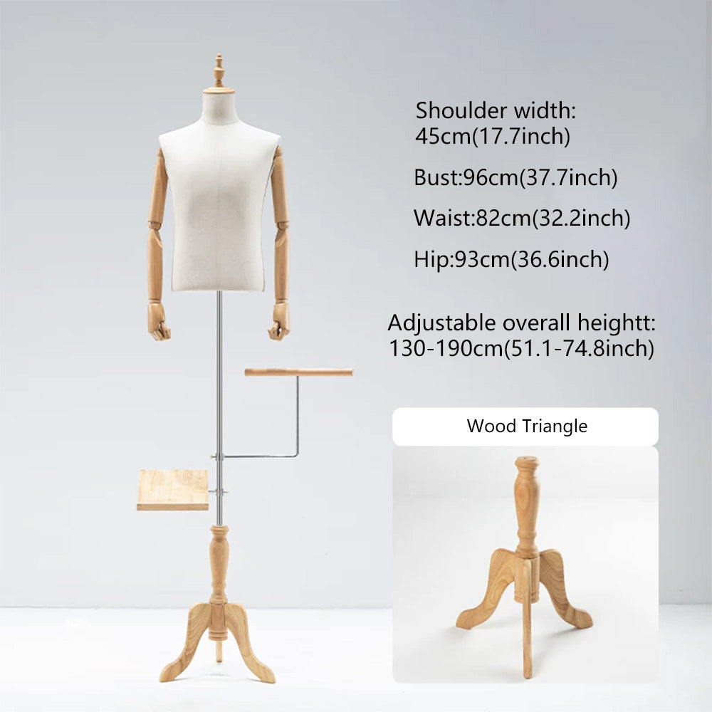 JELIMATE Male Mannequin Torso with Articulated Wooden Arms & Full Suit Display Stand