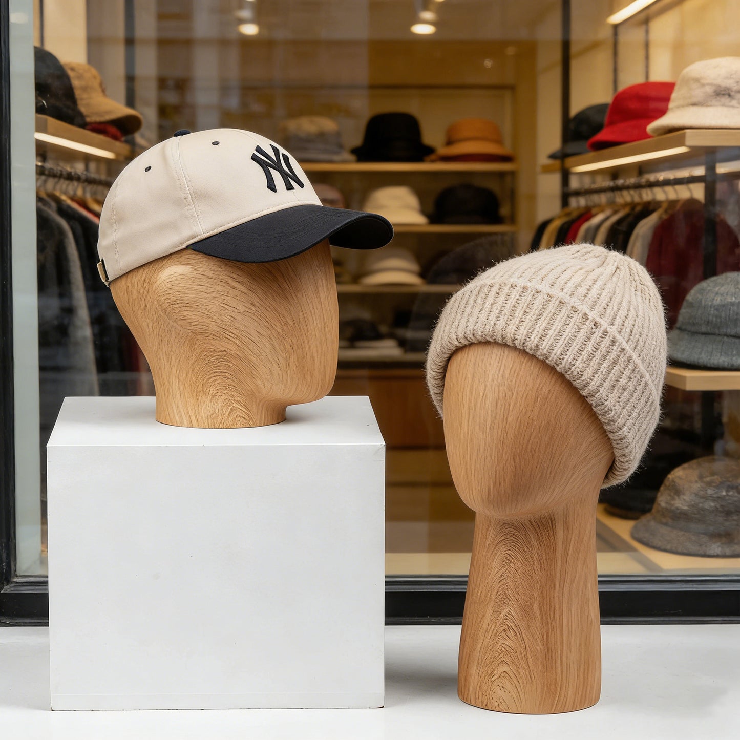 Wood Grain Mannequin Head Display Stand - Tabletop Hat Wig Holder for Retail Stores & Closet Organization