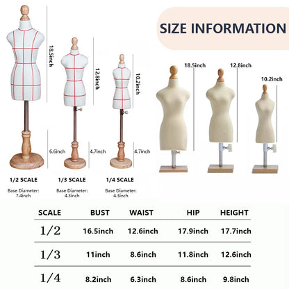 Maniquí de costura en miniatura para confección de patrones, de media escala, para mujer (1/2, 1/3 y 1/4)