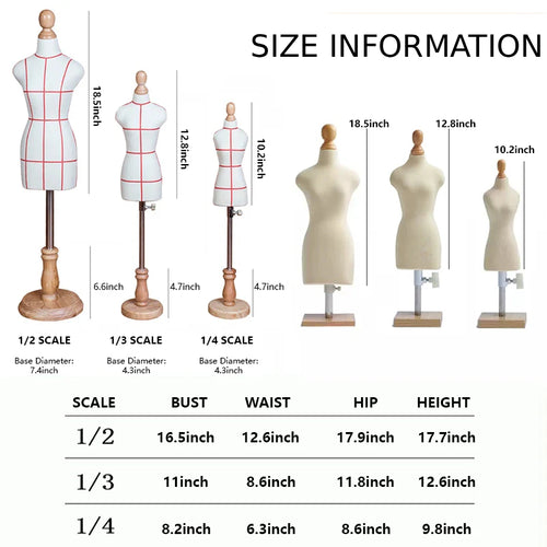 Female Half Scale Dress Form Fully Pinnable - 1/2, 1/3, 1/4