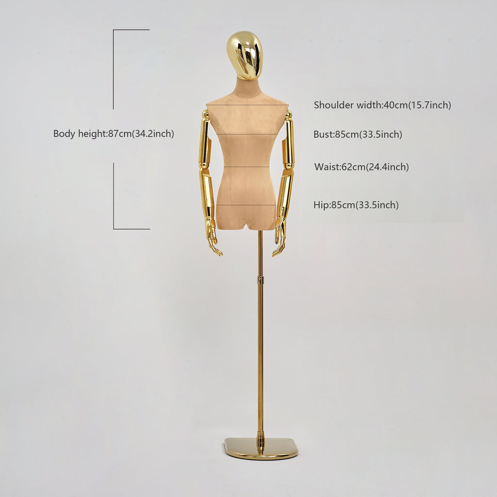 JELIMATE Luxury Female Velvet Mannequin Torso with Head & Gold Arms