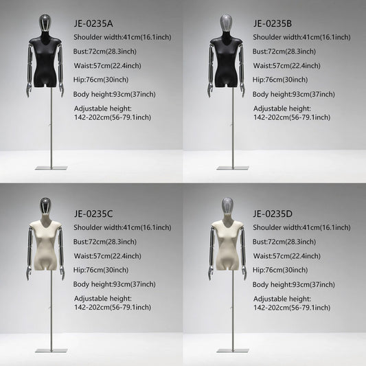 Jelimate High Quality Female Mannequin Torso With Silver Head Hand,Half Body Beige Black Leather Dress Form Model,Clothing Dress Form Torso Flat Shoulder Model