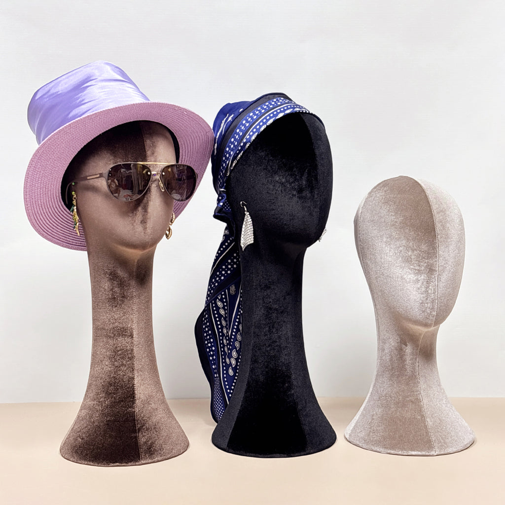 Luxury Velvet Foam Head Mannequin,Fully Pinnable Velvet Head Wig Jewelry Earring Display Stand, Hat Rack Brown Black Navy Blue Color