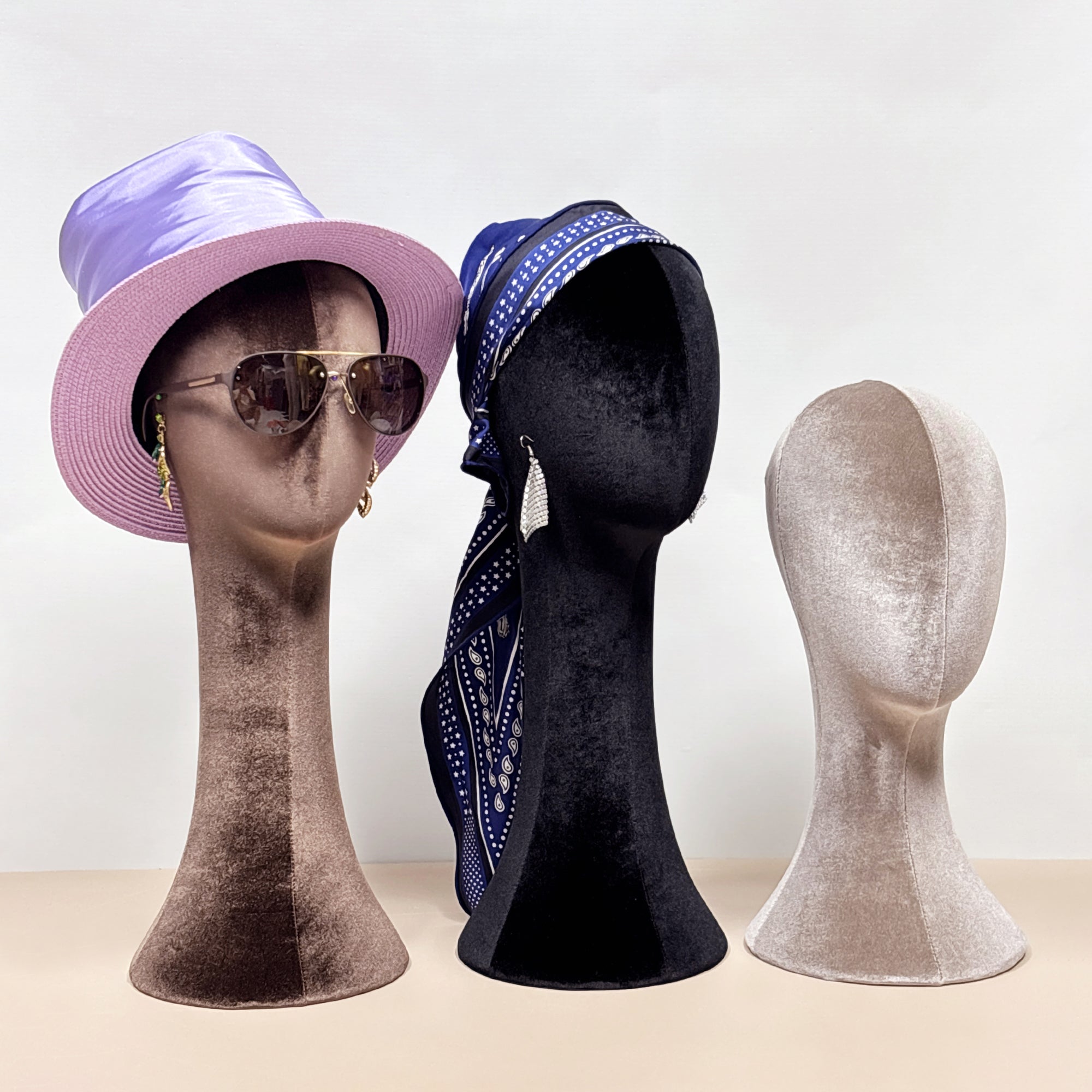 Luxury Velvet Foam Head Mannequin,Fully Pinnable Velvet Head Wig Jewelry Earring Display Stand, Hat Rack Brown Black Navy Blue Color