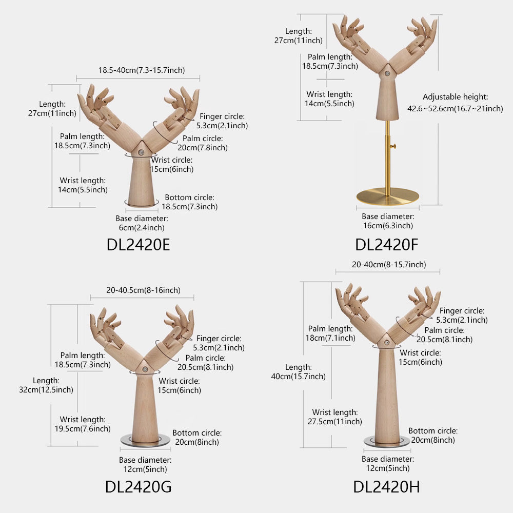 Jelimate Natural Wood Color Wooden Hand Mannequin With/Without Base,Female Mannequin Hand for Bag Ring Sunglasses Hat Display,Jewelry Display Hand Model