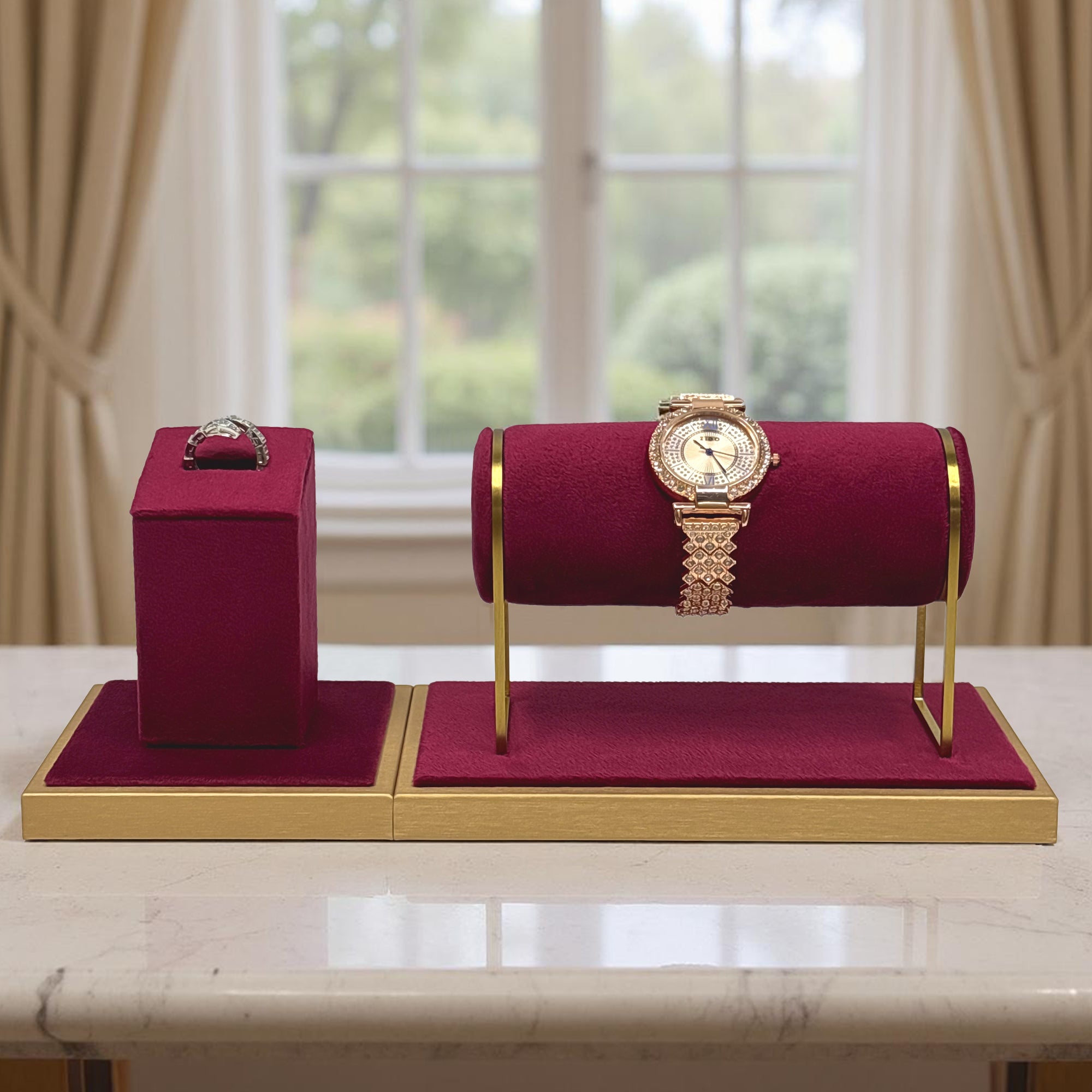 Jelimate Red Velvet Jewelry Display Stand – Watch, Bracelet & Ring Organizer for Home or Store Use