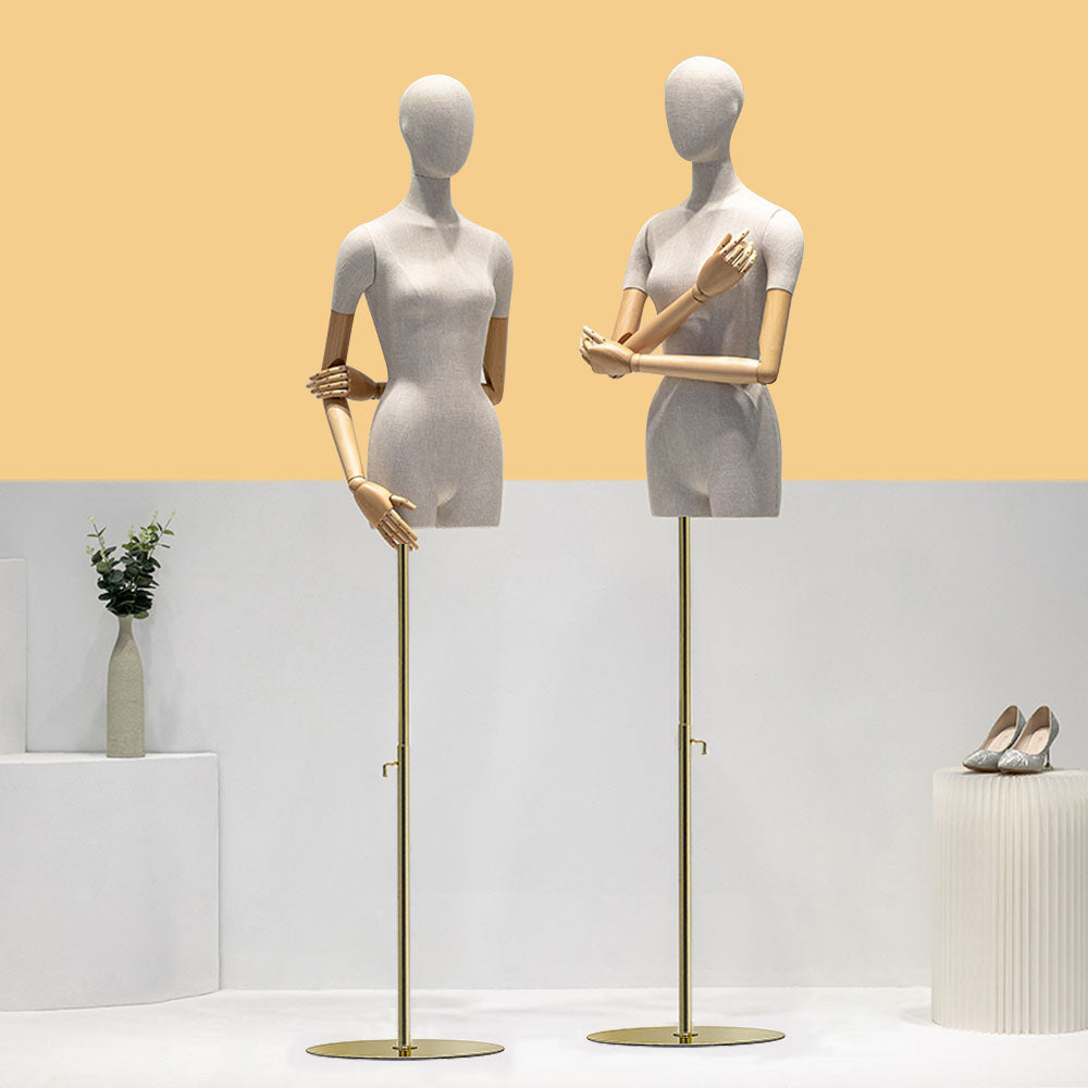 Adjustable Female Half-Body Mannequin with Linen Cover and Wooden Arms for Clothing Display