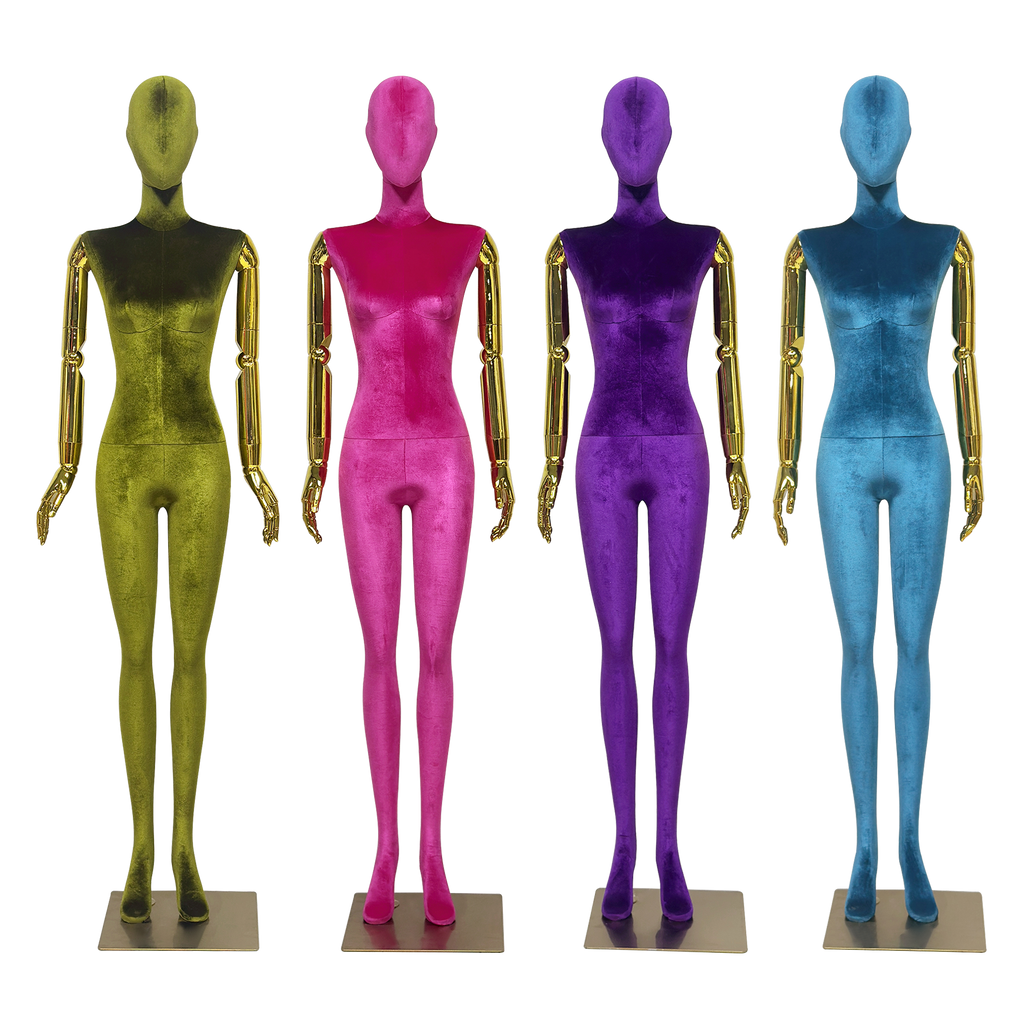 JELIMATE Velvet Female Mannequin Full Body with Gold Poseable Arms, Boutique Display