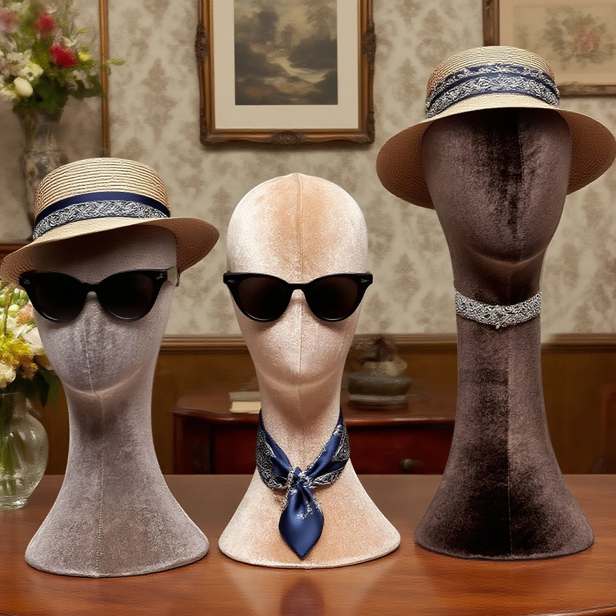 Luxury Velvet Foam Head Mannequin,Fully Pinnable Velvet Head Wig Jewelry Earring Display Stand, Hat Rack Brown Black Navy Blue Color