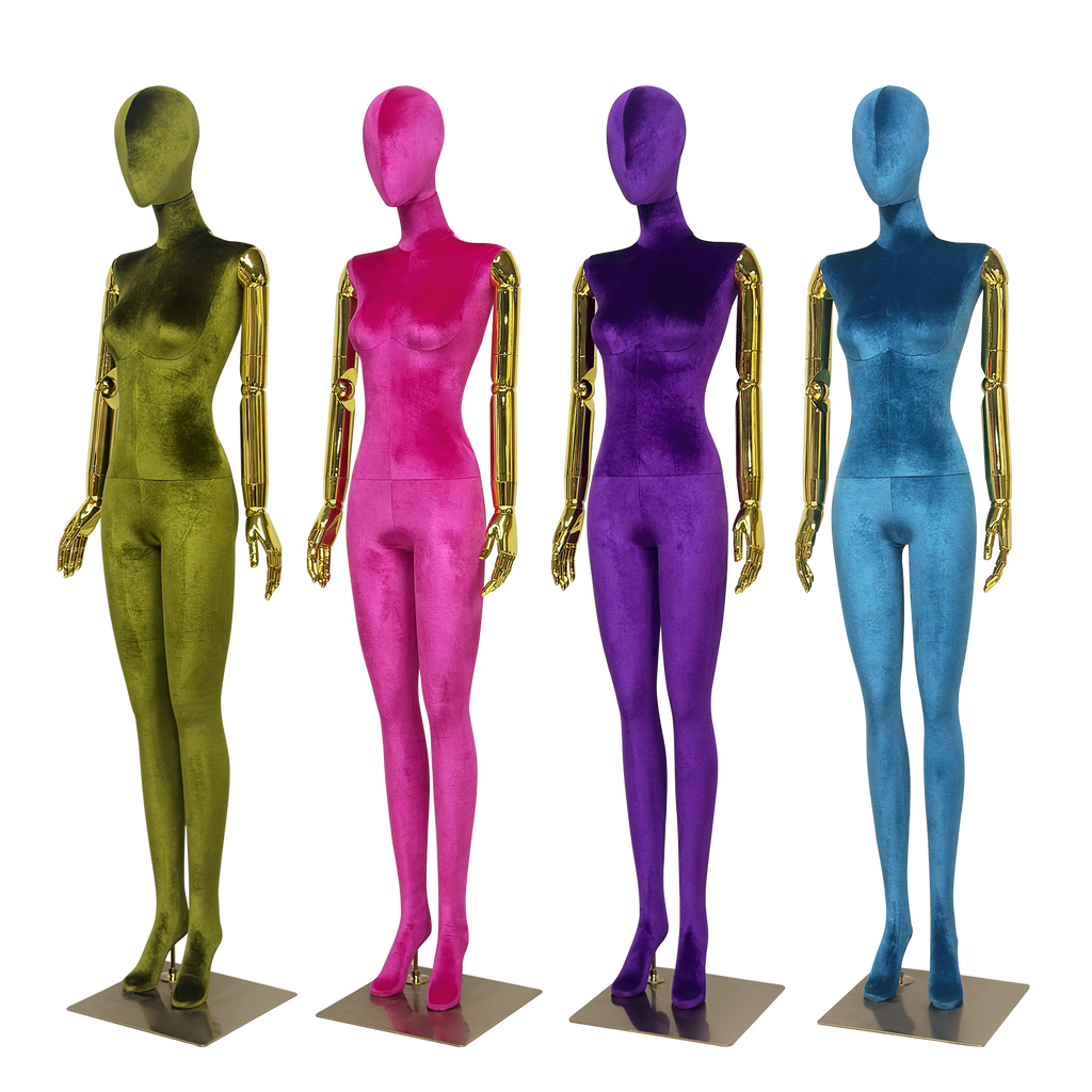 JELIMATE Velvet Female Mannequin Full Body with Gold Poseable Arms, Boutique Display