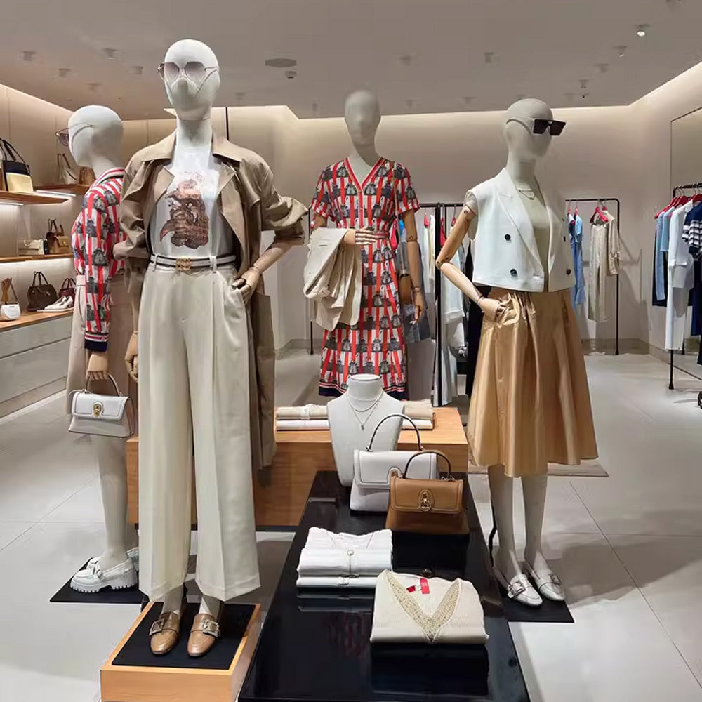 Jelimate Female Full Body Mannequin in Standing & Sitting Pose,Linen Fabric Beige Dress Form Mannequin,Female Body Mannequin With Wooden Arms,Window Display Female Full Body Model,Clothing Shop Clothing Display Mannequin Torso