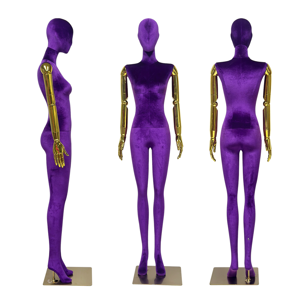 JELIMATE Velvet Female Mannequin Full Body with Gold Poseable Arms, Boutique Display