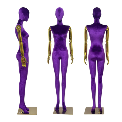 JELIMATE Velvet Female Mannequin Full Body with Gold Poseable Arms, Boutique Display