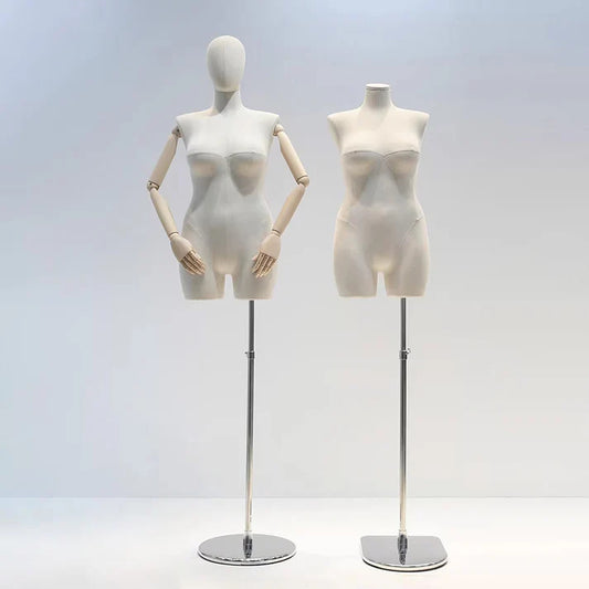 JELIMATE-plus-size-female-mannequin-with-articulated-wooden-arms-off-white-suede-cover.