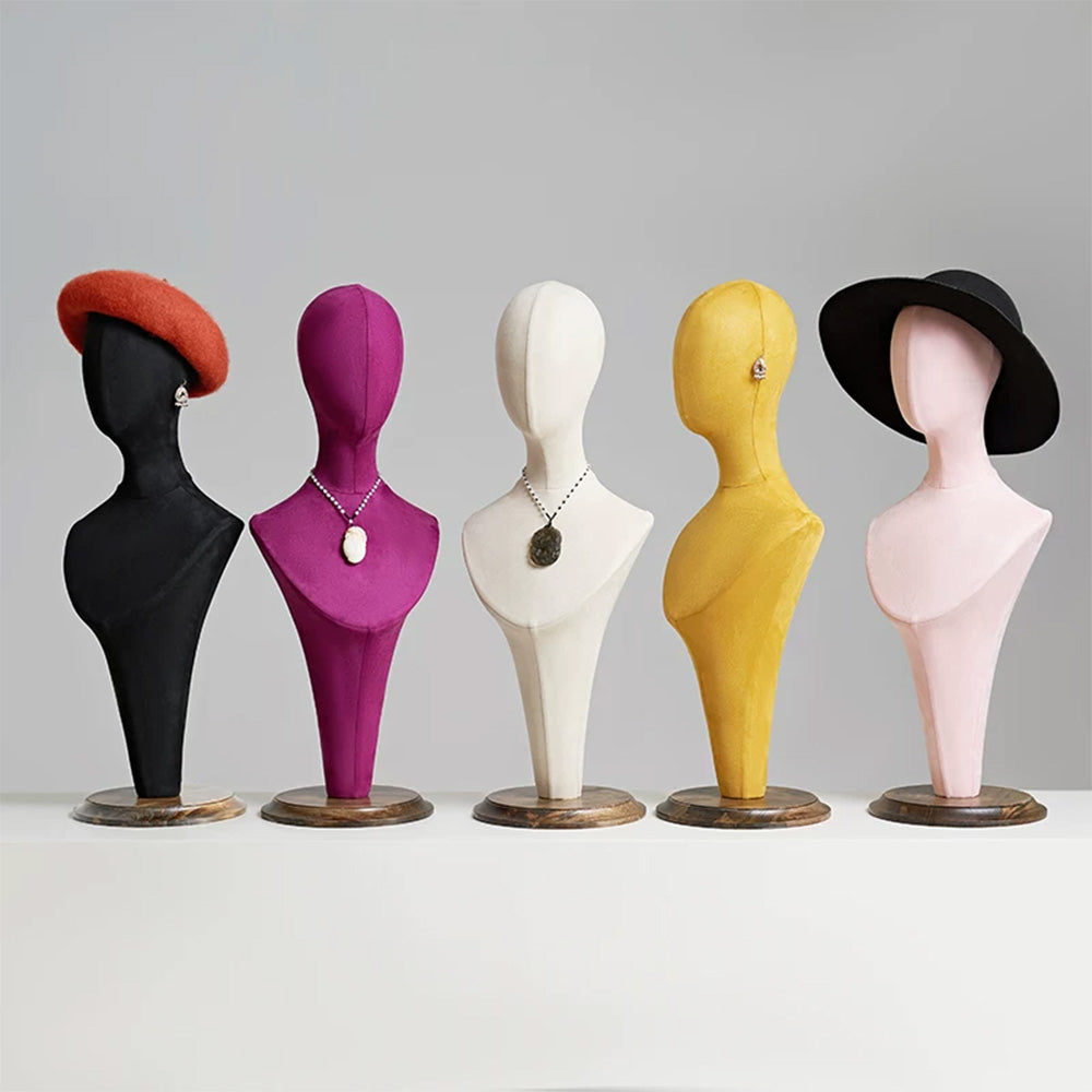 JELIMATE Fabric Mannequin Head Stand with Wood Base for Hat Wig Jewelry Display