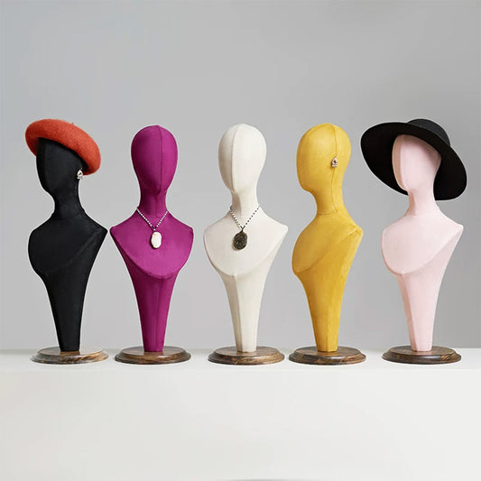 JELIMATE Fabric Mannequin Head Stand with Wood Base for Hat Wig Jewelry Display