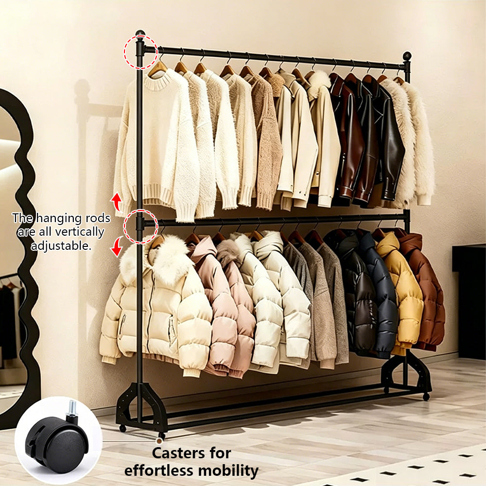 72.8" Double Rod Clothing Rack with Wheels | Heavy Duty Iron Garment Rack | JELIMATE