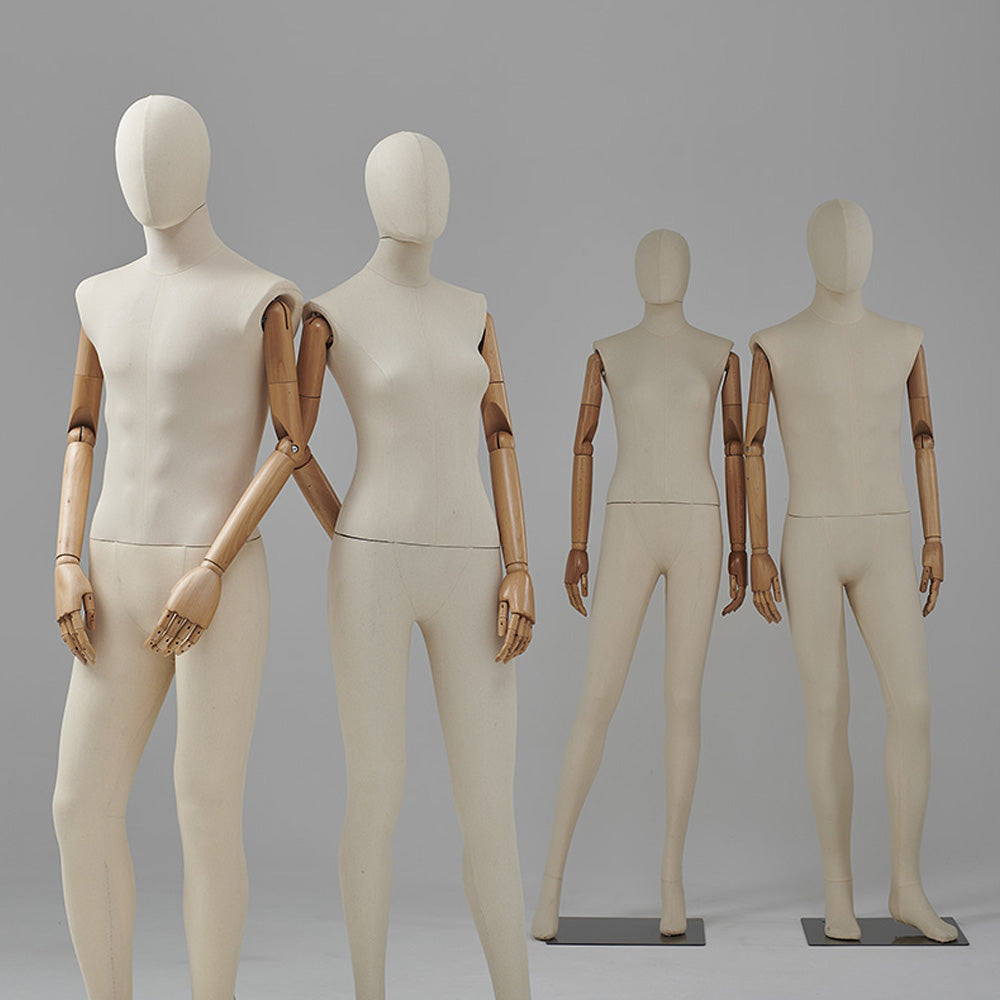 Jelimate Realistic Male and Female Full Body Mannequin,Linen Fabric Beige Mannequin Torso With Wooden Arms,Women and Men Full Body Display Mannequin Dress Form,Clothing Shop Clothes Display Model JMFF02